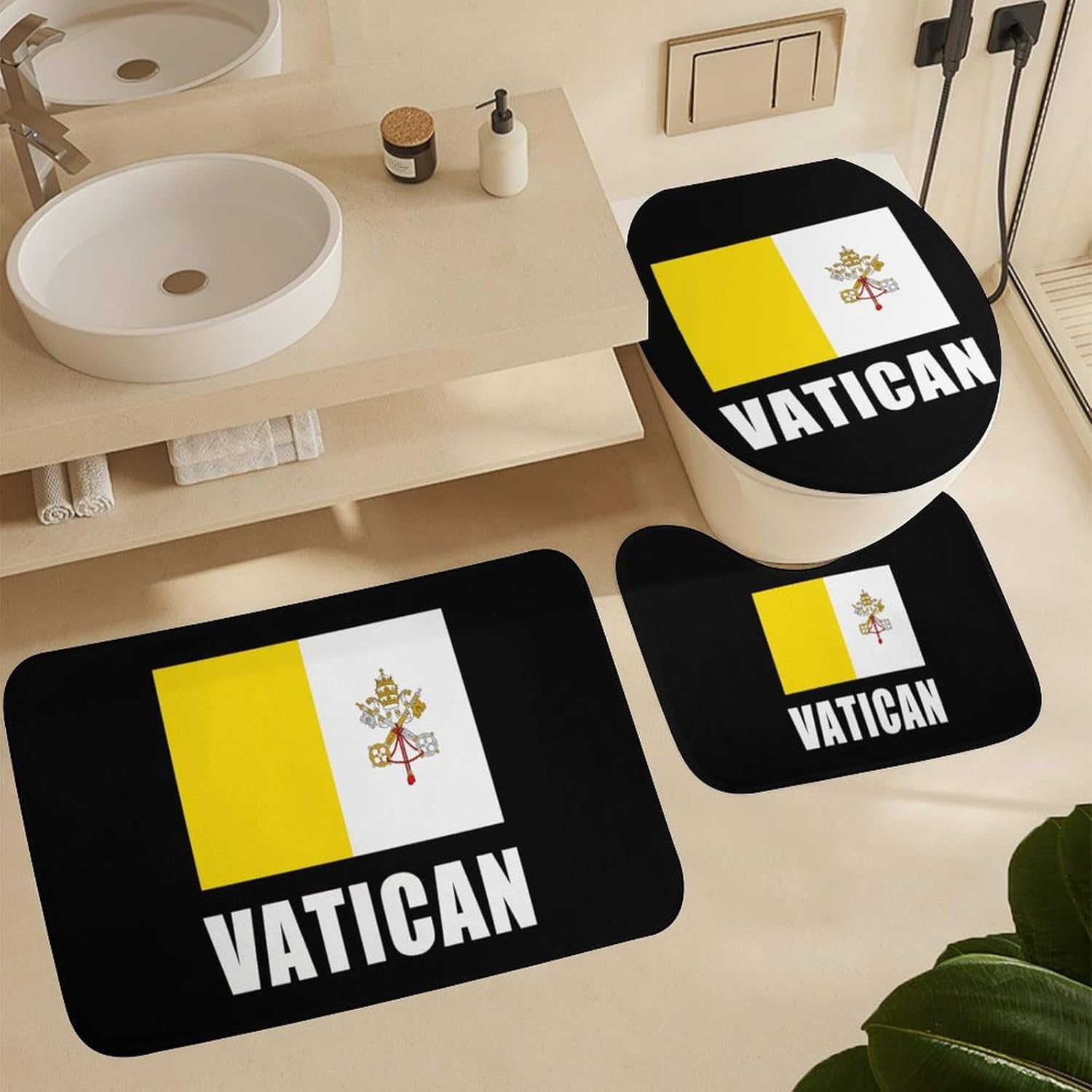 Vatican City Flag Bathroom Sets with Shower Curtain and Rugs 4 Piece with U-Shaped Floor Mat Toilet Lid Cover