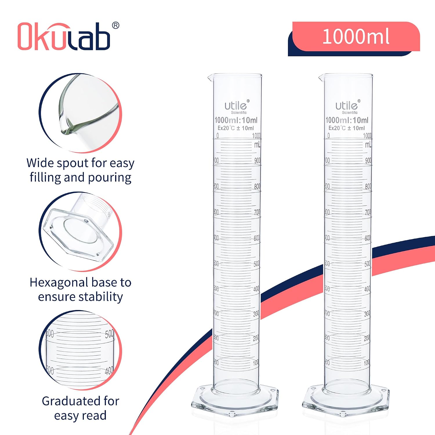 1 pc Graduated Cylinder and 1pc Cylinder Brush, Vol.1000ml, Borosilicate 3.3 Glass Cylinder, Lab Cylinders Glass Measuring Cylinder,MCGS4A1