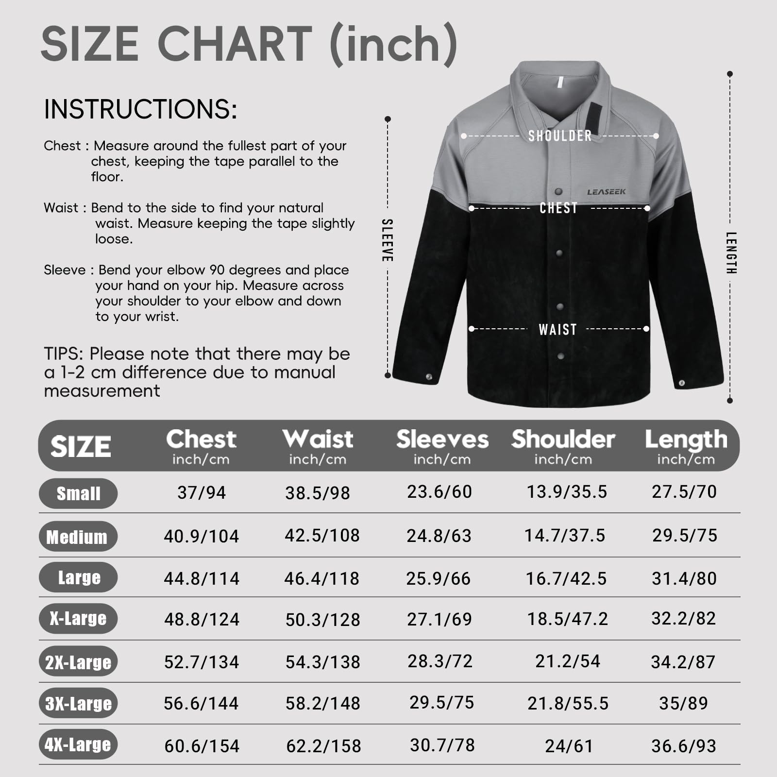 LeaSeek Veste de soudeur avec manches en cuir, combinaison de coton ignifuge et de cuir Veste de protection pour la soudure