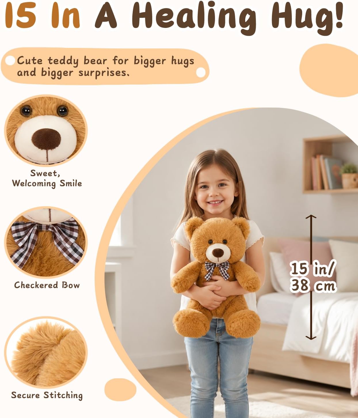 MaoGoLan 15-Inch Small Teddy Bear, Cuddly Plush with Checkered Bow for Kids image 5