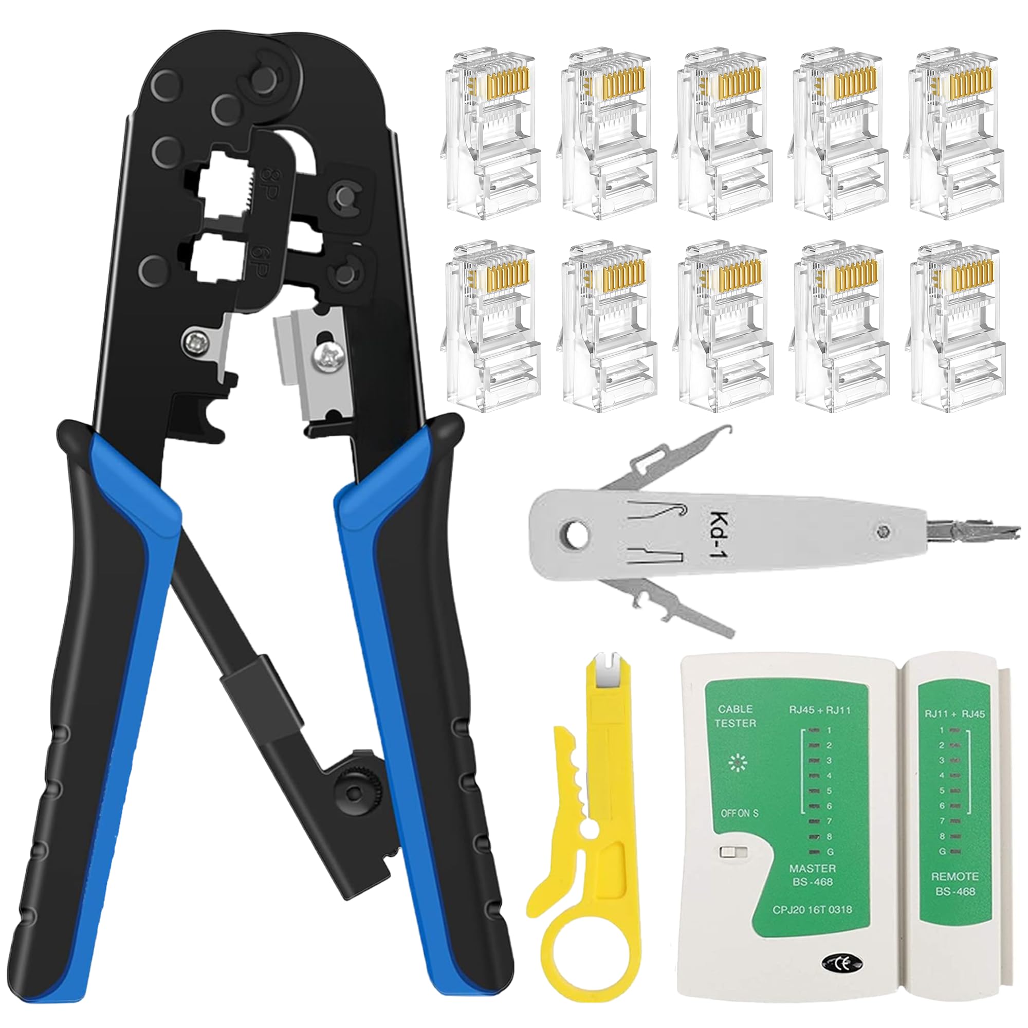 FEDUS RJ45 Crimping Tool Kit, rj45 machine for Cat6A Cat5E Cat5 Ethernet tool kit, 25PCS Connector, Network lan Tester, Cut and Strip Tool, Punch Down
