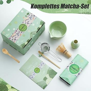 Clay&Fire Matcha Set 9-Piece Matcha Broom Set - Bamboo Matcha Whisk Matcha Bowl with Spout Japanese Matcha Kit for Matcha Lovers Christmas Gifts Gift (Stripes Green)