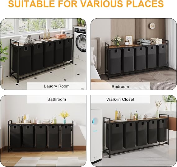 5 Bin Laundry Hamper w/Folding Table, Laundry Basket w/Removable Bags | Laundry Sorter, Heavy Duty with Removable Bags & Side Pockets, Wooden Laundry Station for Bedroom Bathroom