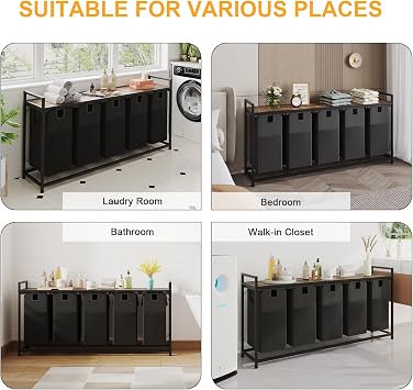 5 Bin Laundry Hamper w/Folding Table, Laundry Basket w/Removable Bags | Laundry Sorter, Heavy Duty with Removable Bags & Side Pockets, Wooden Laundry Station for Bedroom Bathroom