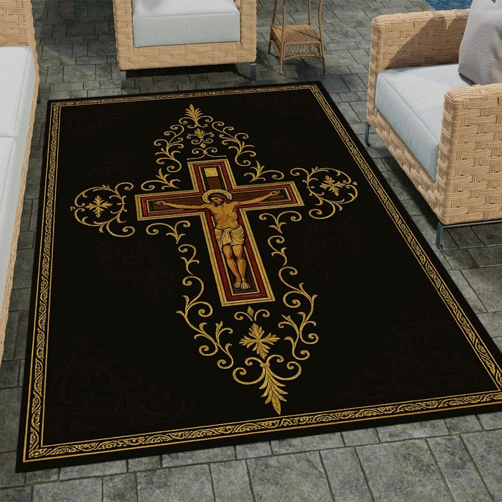 Personalized Faith Cross Rug – Christian Carpet, Custom Name Area Rug for Living Room, Bedroom, Church Decor, Home Floor Mat