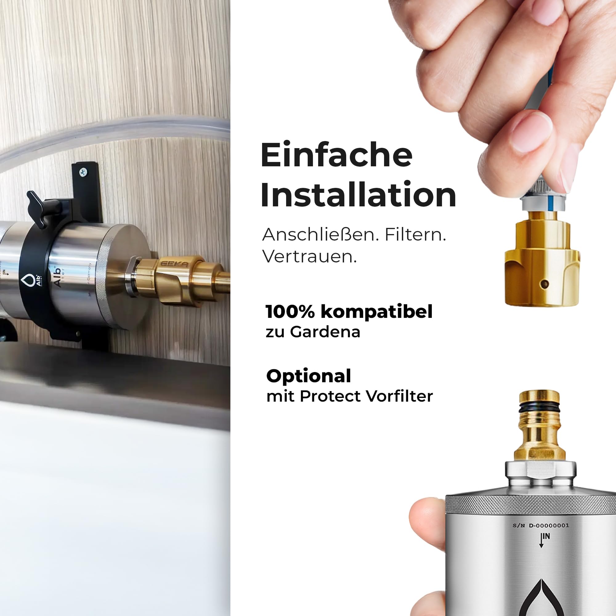 Alb Filter TRAVEL FUSION Einbaufilter Camping Edelstahl Natur | Zweistufiger Wasserfilter gegen Schadstoffe & Keime bis 0,1 µm, fester Einbaufilter für Wohnmobil & Boot, Made in Germany
