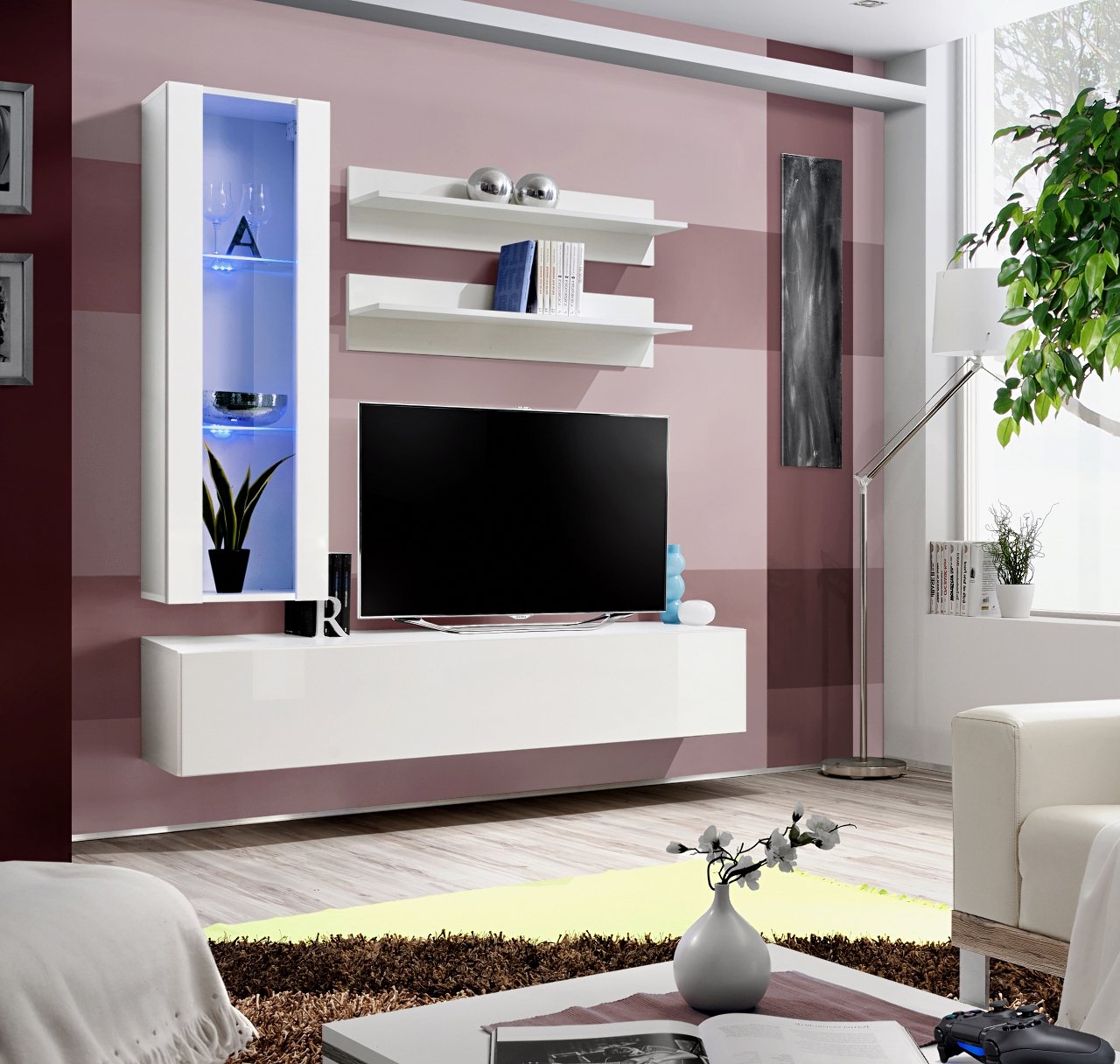 ARREDO DA CASA Parete Attrezzata Soggiorno Sospesa Dotata di 2 Mensole Mobile TV e 1 Vetrina con Luci LED Soggiorno Moderno Disponibile in 4 Combinazioni PAP100 (Bianco)