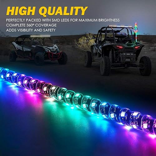Miniatura 8 de Xprite Luces LED RGB en espiral de 3 pies, luces de látigo de persecución de color de ensueño de 360 con control remoto y bandera para Jeep Offroad