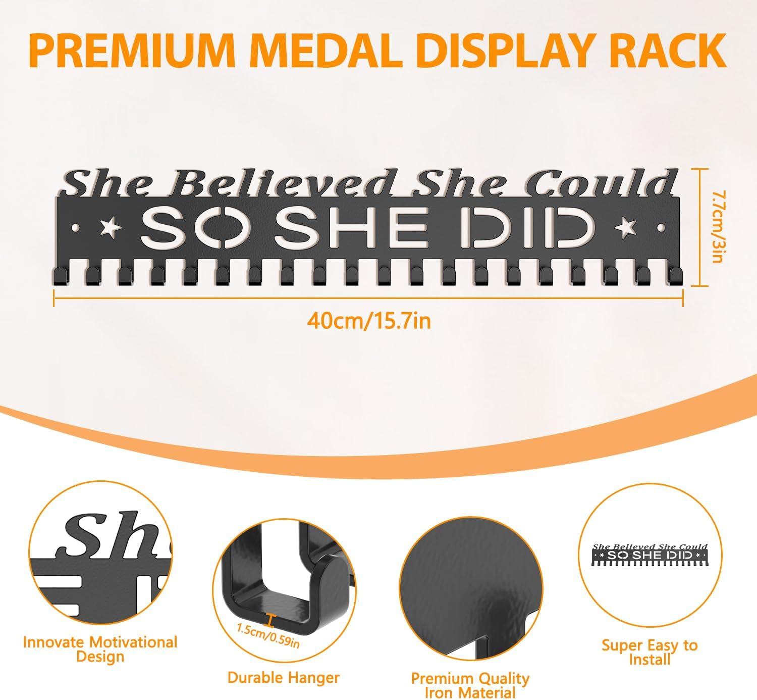 Medal Holder Display Trophy Shelf Organizer, Sturdy Wooden Race Award Hanger Rack with 25 Steel Hooks, Wall Mount Storage Stand for Sports Fans, Cheer Success image 5