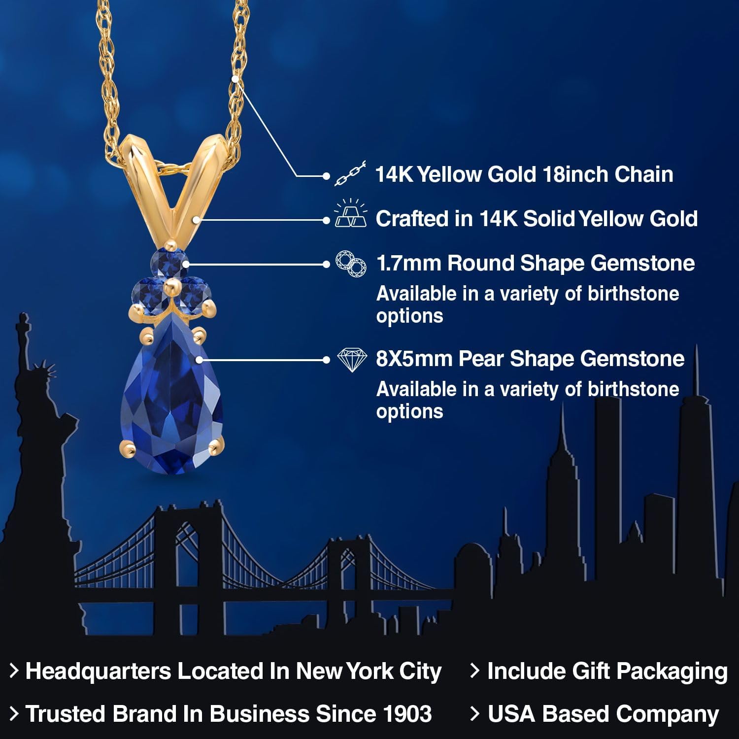 Gem Stone King 14K Yellow Gold Blue Created Sapphire Pendant Necklace for Women | 1.17 Cttw | Gemstone September Birthstone | Pear Shape 8X5MM | With 18 Inch Chain - Image 2