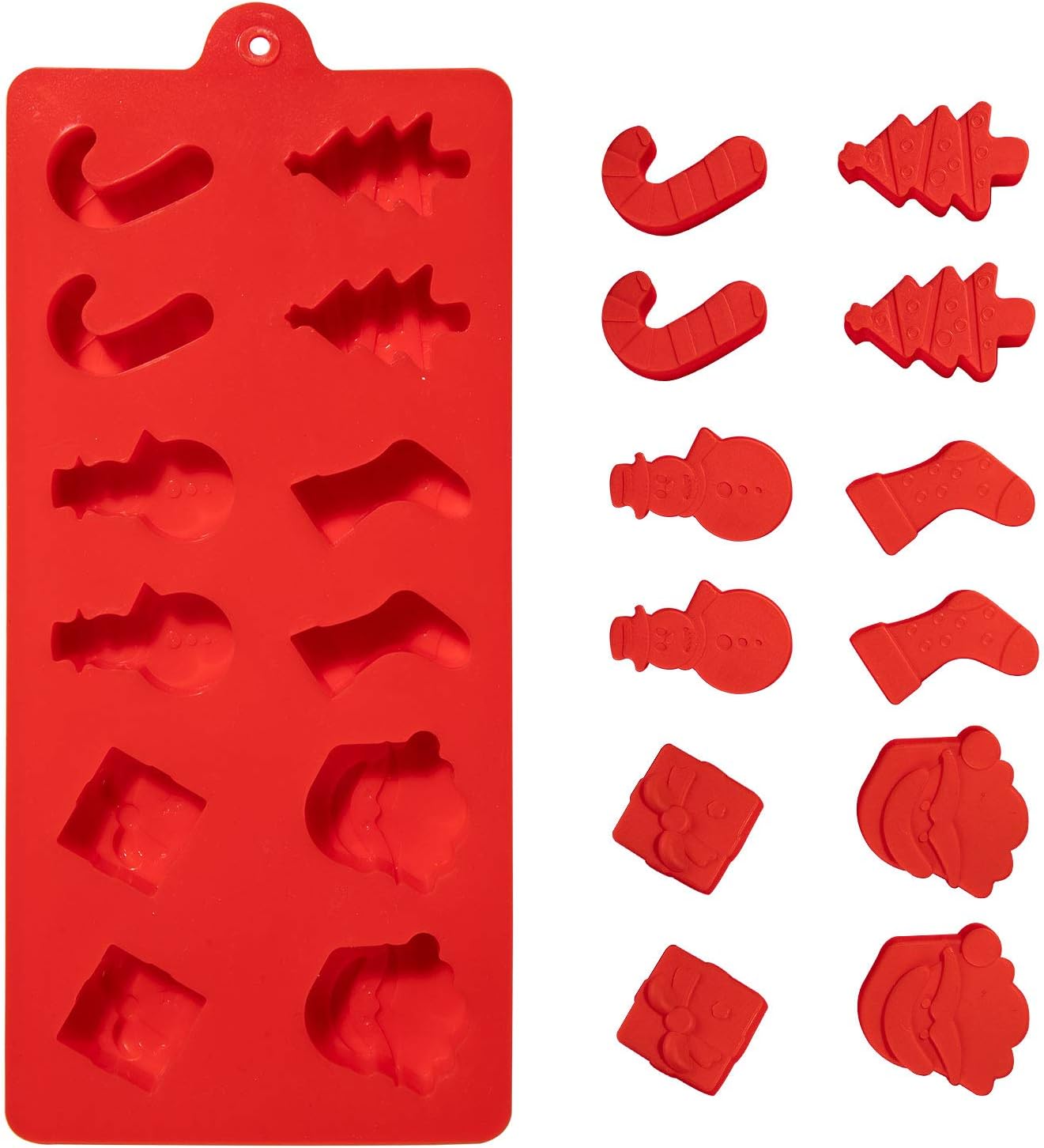 Whaline 5 Pack Christmas Silicone Molds Chocolate and Candy Mold Small Baking Mold for Cake Topper Ice Cubes Gingerbread Santa Stick Gift Box Letter Xmas Tree Sock Shape for Party Decor, Red Green