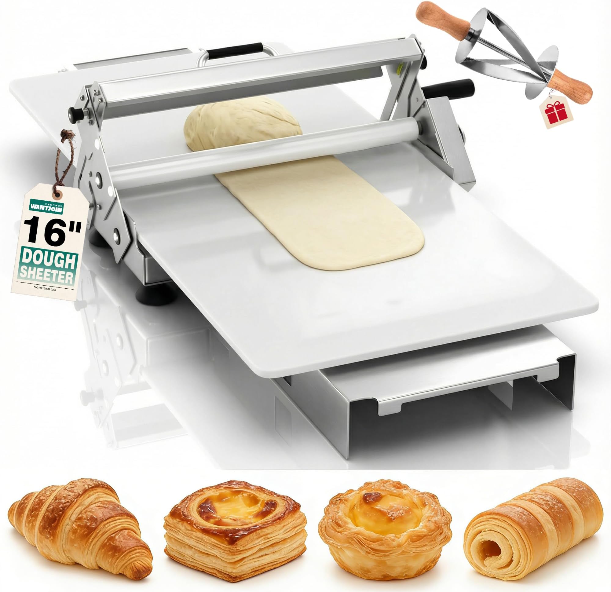 WantJoin Folding Dough Sheeter 16 Inch - Commerical Manual Dough Sheeter Machine, 0-25MM Adjustable Thickness Settings, 35.4"x16" Sheeter Board, Non-Stick, Ultra-Compact, For Commercial & Home Bakery