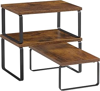 SONGMICS Cabinet Organizer Shelf, Set of 3 Kitchen Counter Shelves, Kitchen Storage, Spice Rack, Stackable, Expandable, Rustic Brown and Matte Black UKCS220K02