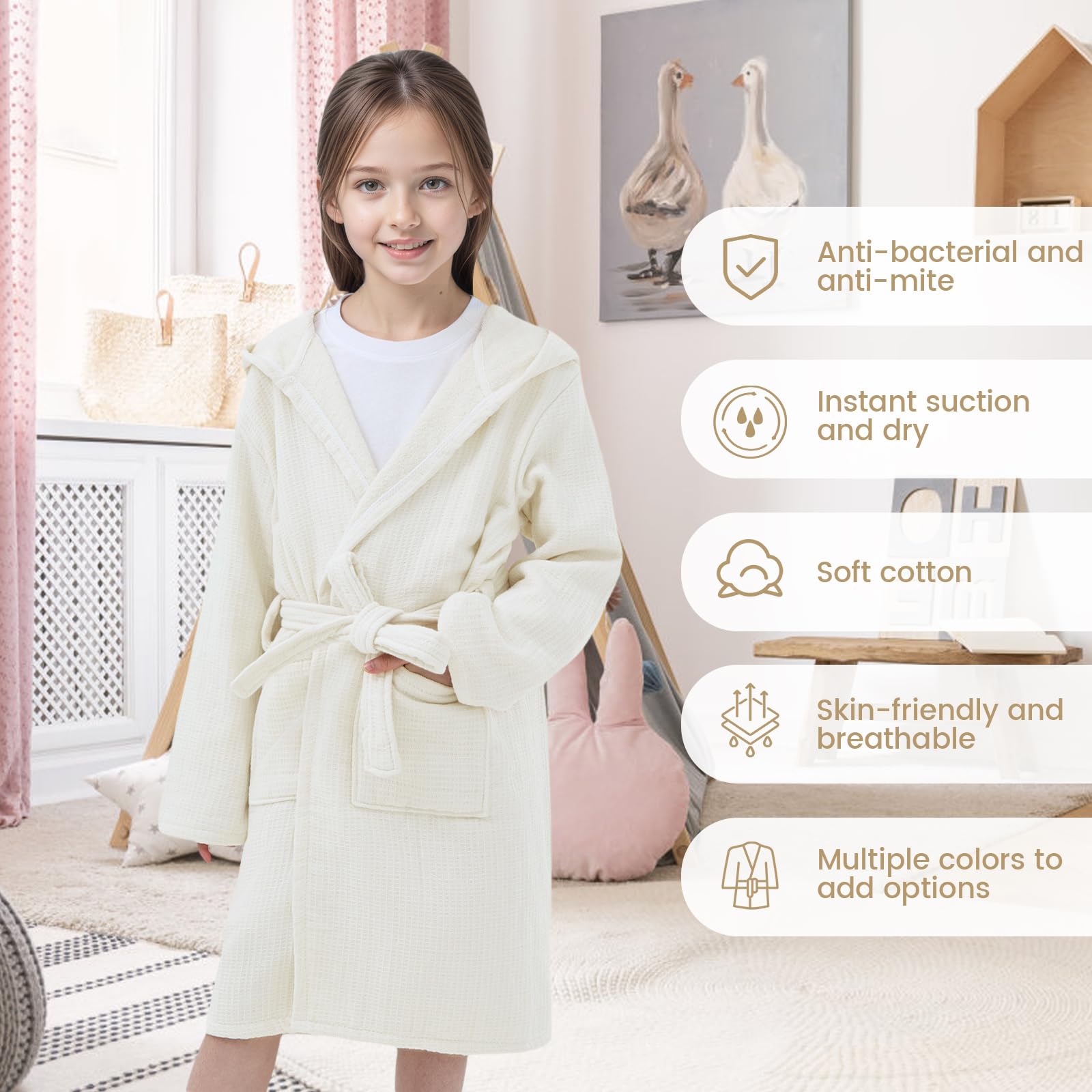 WYTbaby Bata de baño para niños, 100 % algodón, con capucha, absorbente, para niñas y niños de 1 a 8 años