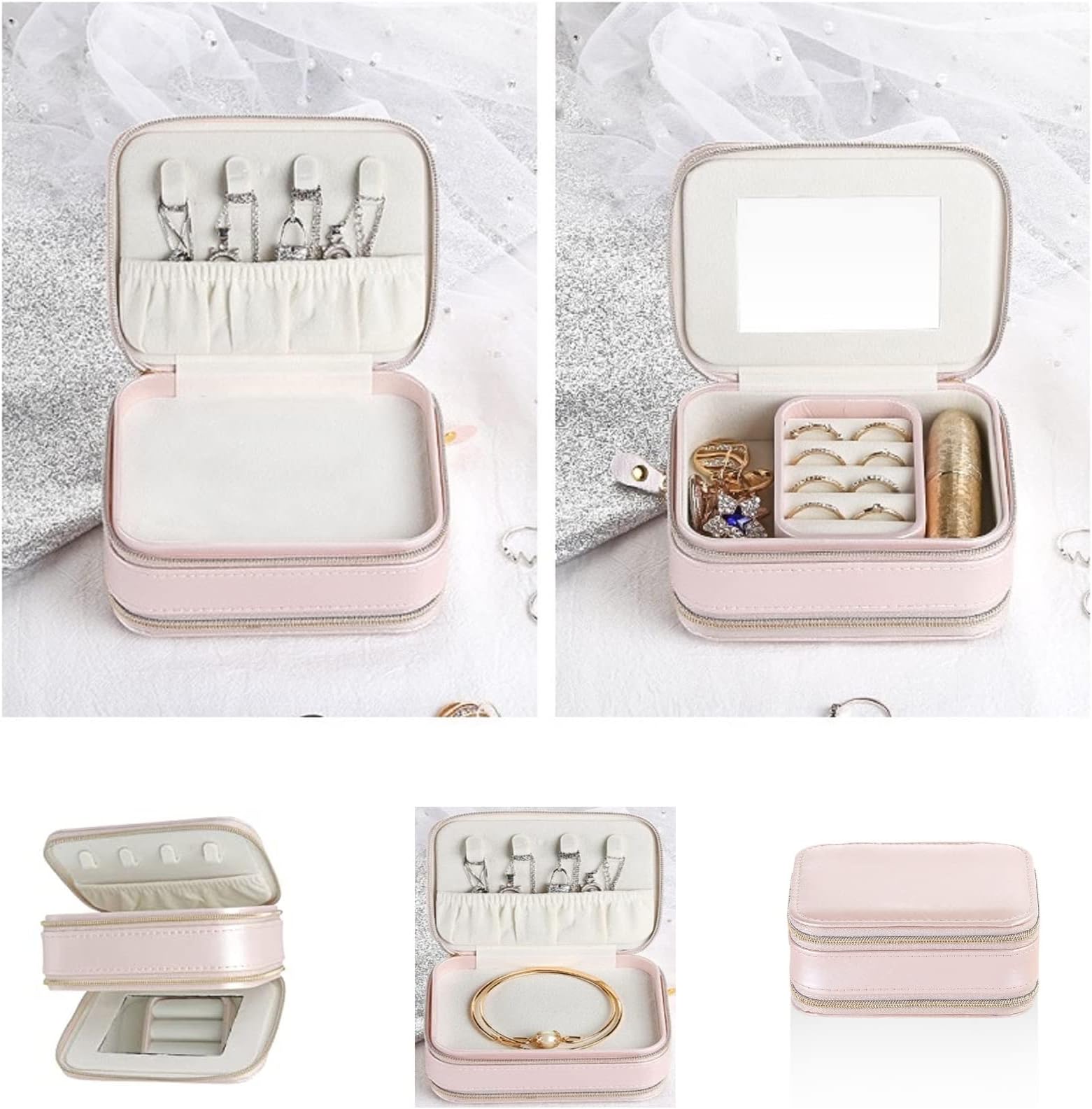 ASLIDECORTravel Jewelry Case with Mirror,Double Zipper Travel Jewelry Box, Bulk Portable Jewelry Box for Necklaces,Rings,Bracelets(PINK)