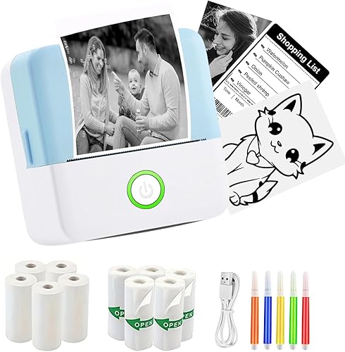 PRINHSJI Mini impresora, impresora adhesiva sin tinta, mini impresora de bolsillo, impresora térmica portátil, compatible con iOS + Android para