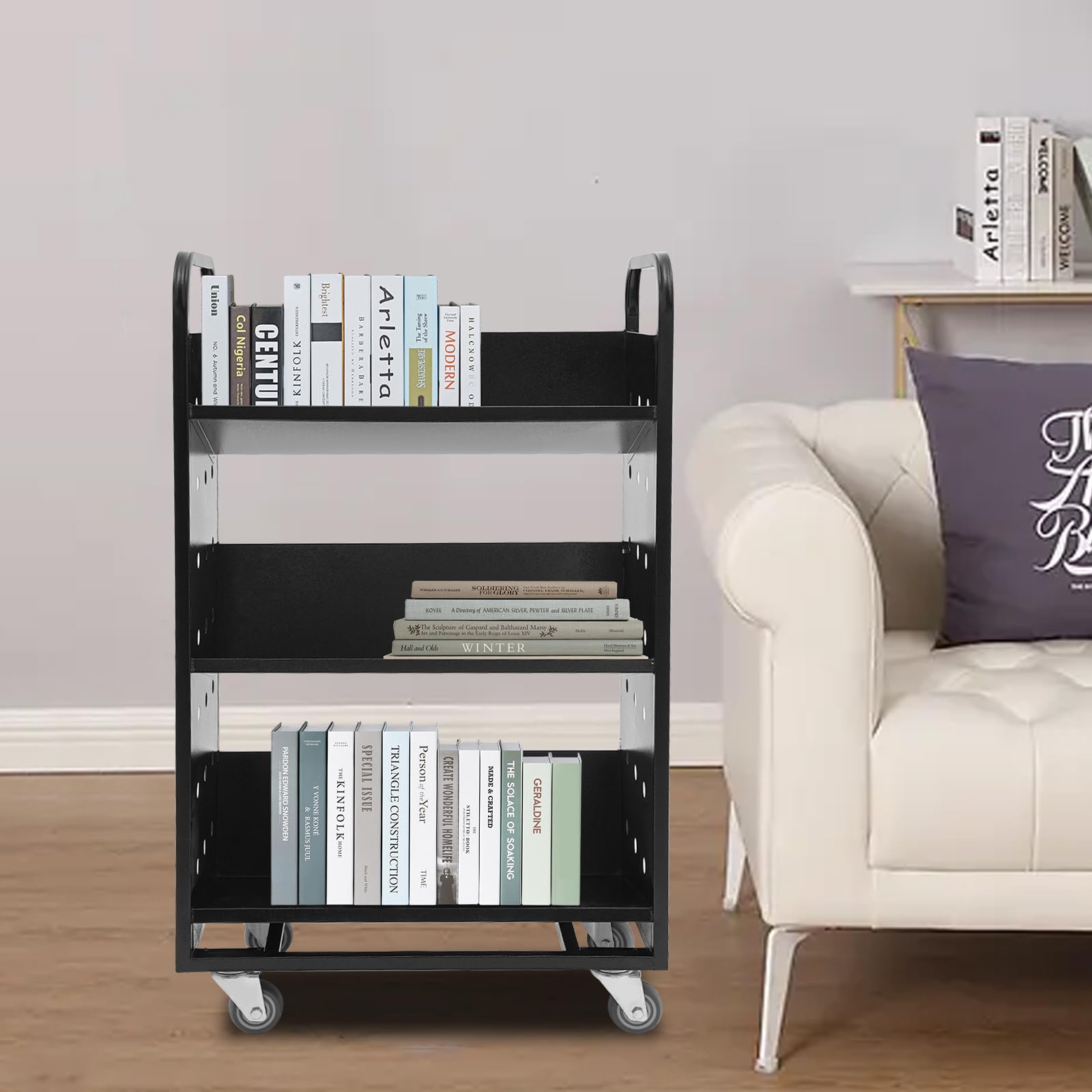 Carrello portaoggetti a tre piani, dimensioni 80 x 36 x 100 cm, nero, con ruote girevoli e maniglia, adatto per librerie, biblioteche, uffici e spazi abitativi