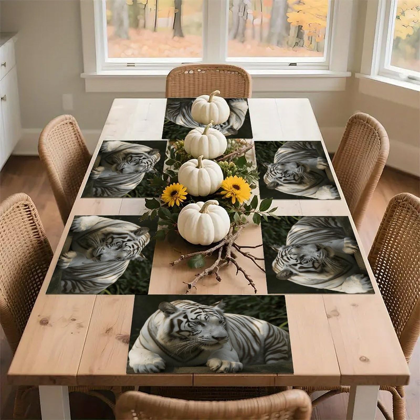 White Bengal Tiger Placemats Non-Slip Heat Resistant Table Mats Flax Washable Cloth Place Mats Easy to Clean Premium Placemat for Kitchen Dining Table Decor Party Outdoor