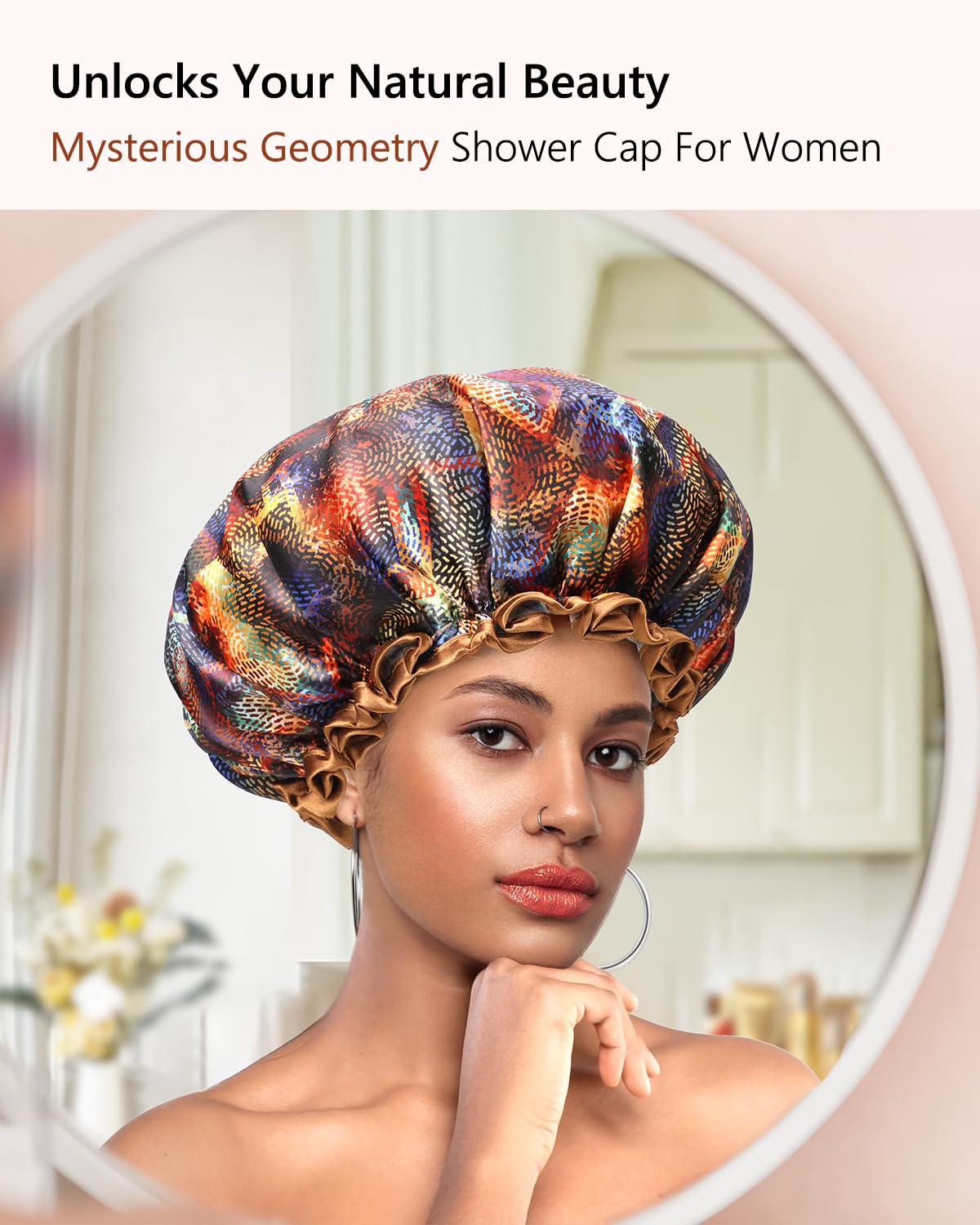 mikimini Large Shower Cap for Women Long Hair,Mystery Shower Caps with Brown Lace, Reusable Waterproof Bathing Shower Hat
