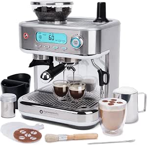 EspressoWorks Barista Pro Series Espresso Machine with Grinder, LCD Display and Steamer - Ready To Go In 60 Sec - 15-Bar Latte and Cappuccino Machine 30-Piece Bundle - Coffee Gifts (Silver)