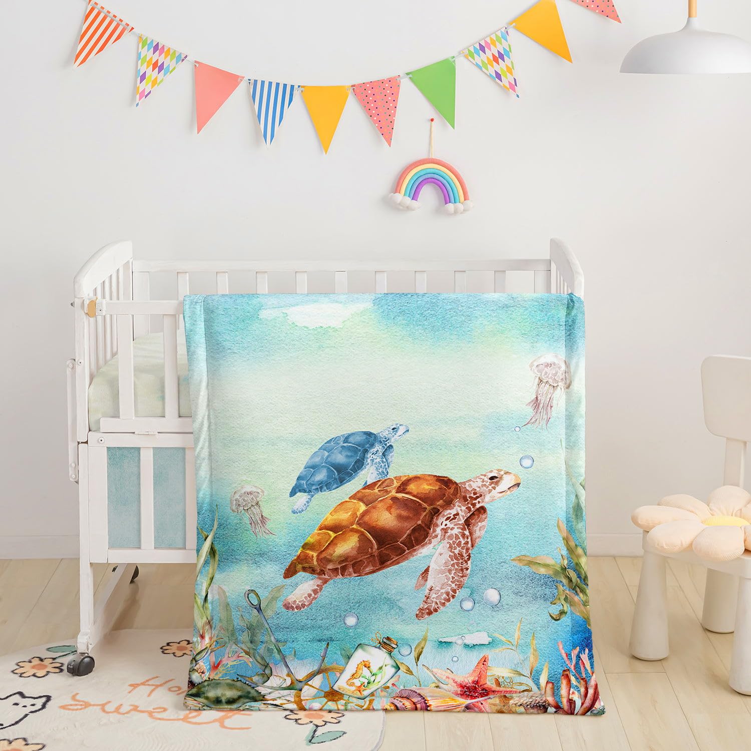 Crib Bedding Set,3pcs Nursery Crib Bedding with Comforter Crib Sheet &amp; Crib Skirt,Brown Blue Turtle Marine Life Nursery Bedding for Baby Boys and Girls(Turtle2)