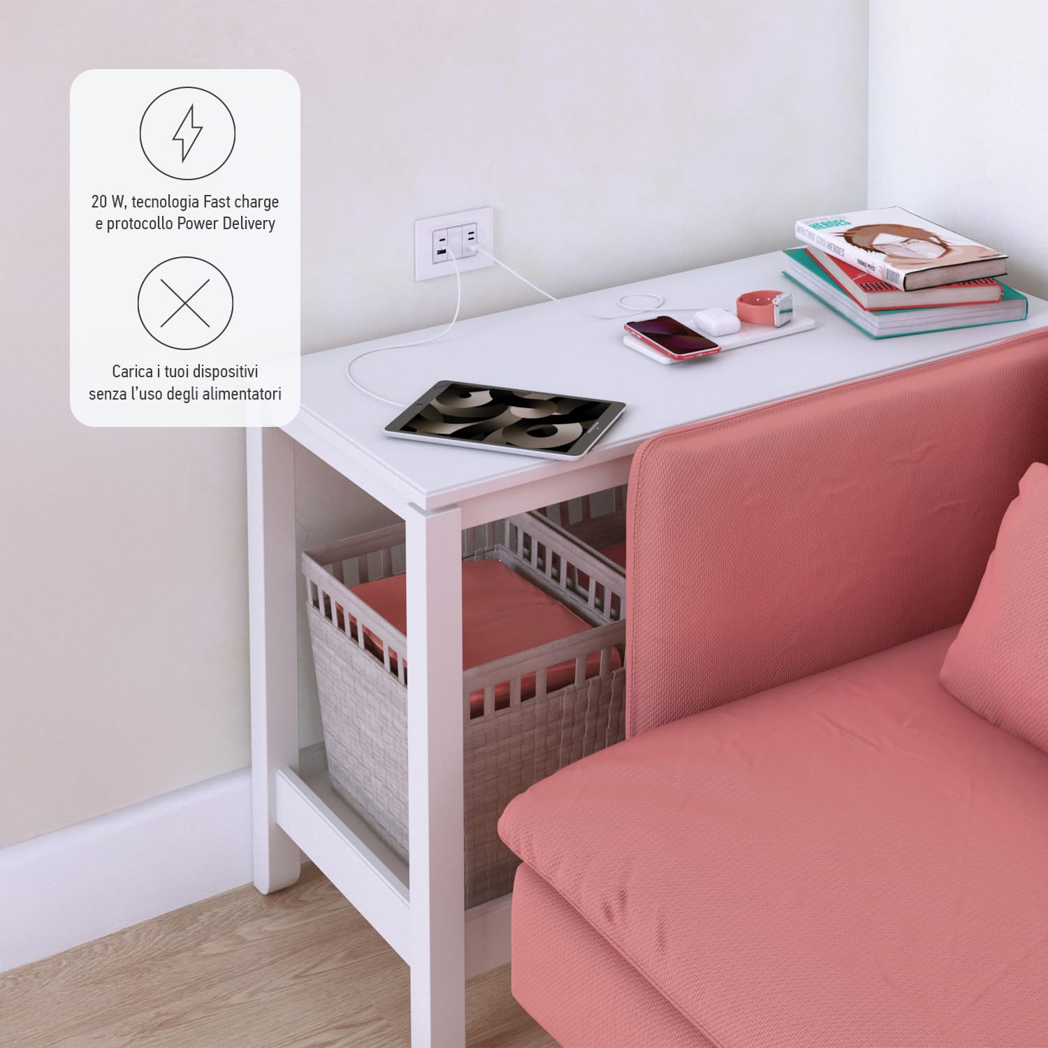 Alimentatore USB C 20W compatibile Vimar Plana Bianco 3 connettori Tipo C e A