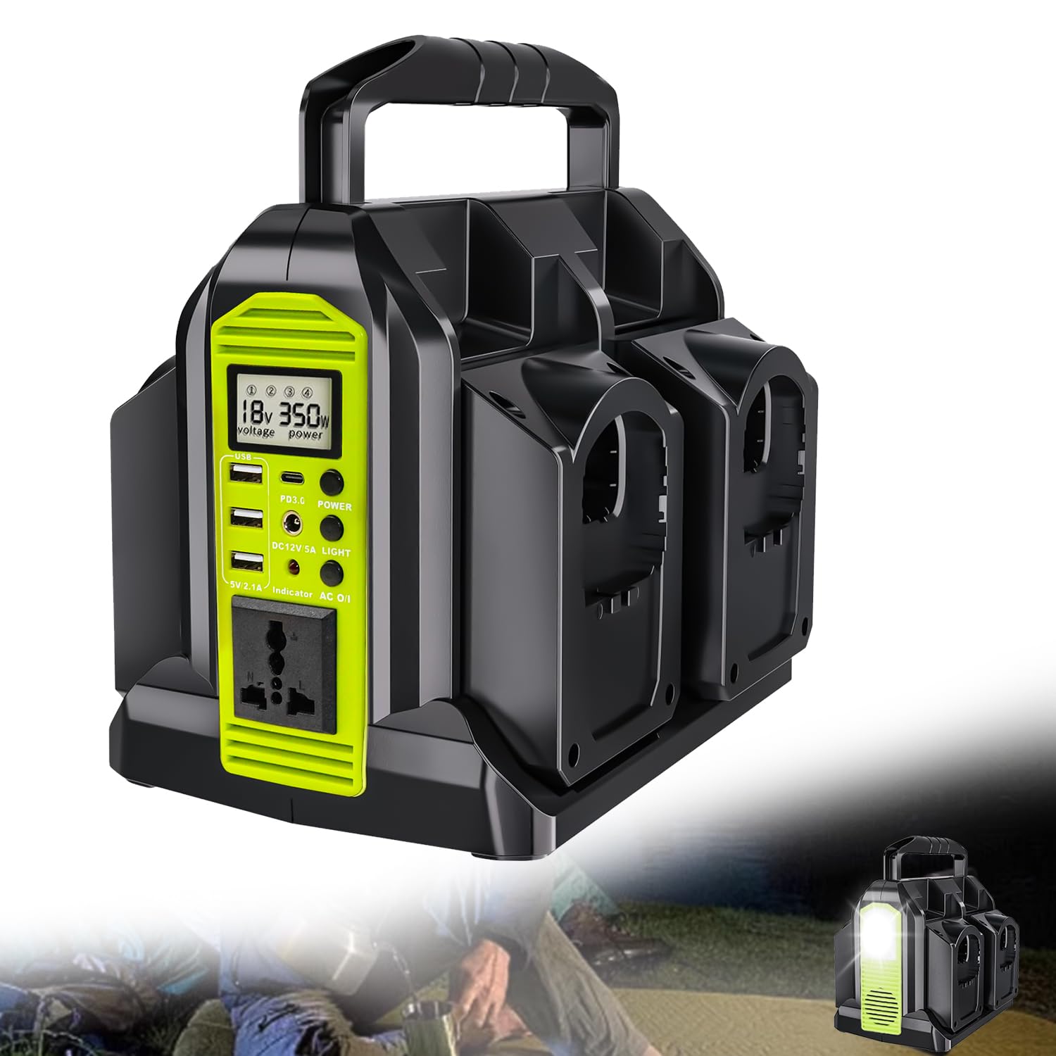 Onduleur à onde sinusoïdale pure 350 W 4 ports, alimentation CC 18 V à 230 V/240 V AC, compatible avec les batteries au lithium Ryobi 18 V (batterie non incluse) | Convertisseur de puissance sans fil