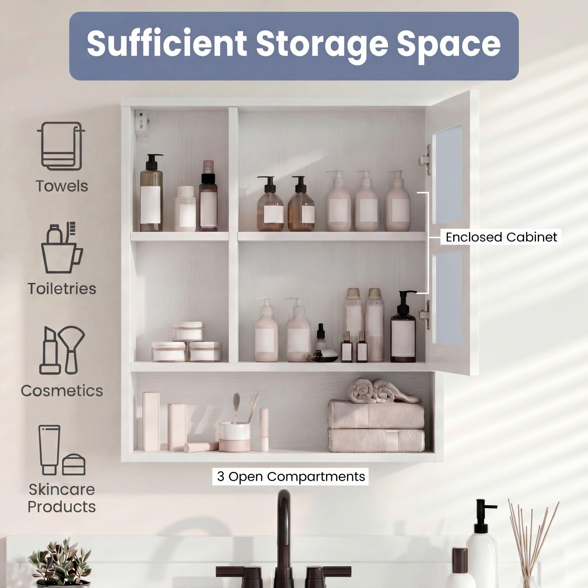 GIANTEX Armadio a Specchio da Bagno, Mobile Specchiera Bagno a Parete con Porta Singola e 3 Ripiani Aperti, Armadietto Pensile in Legno per per Lavanderia e Ingresso, 56 x 16 x 61 cm (Bianco)