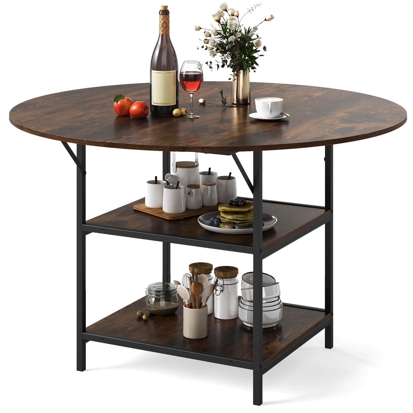 LIFEZEAL Tavolo da pranzo rotondo moderno, 120 cm, tavolo da cucina con ripiano portaoggetti a 2 livelli per 4-6 persone, robusto telaio in metallo per casa, soggiorno e ristorante (caffè)