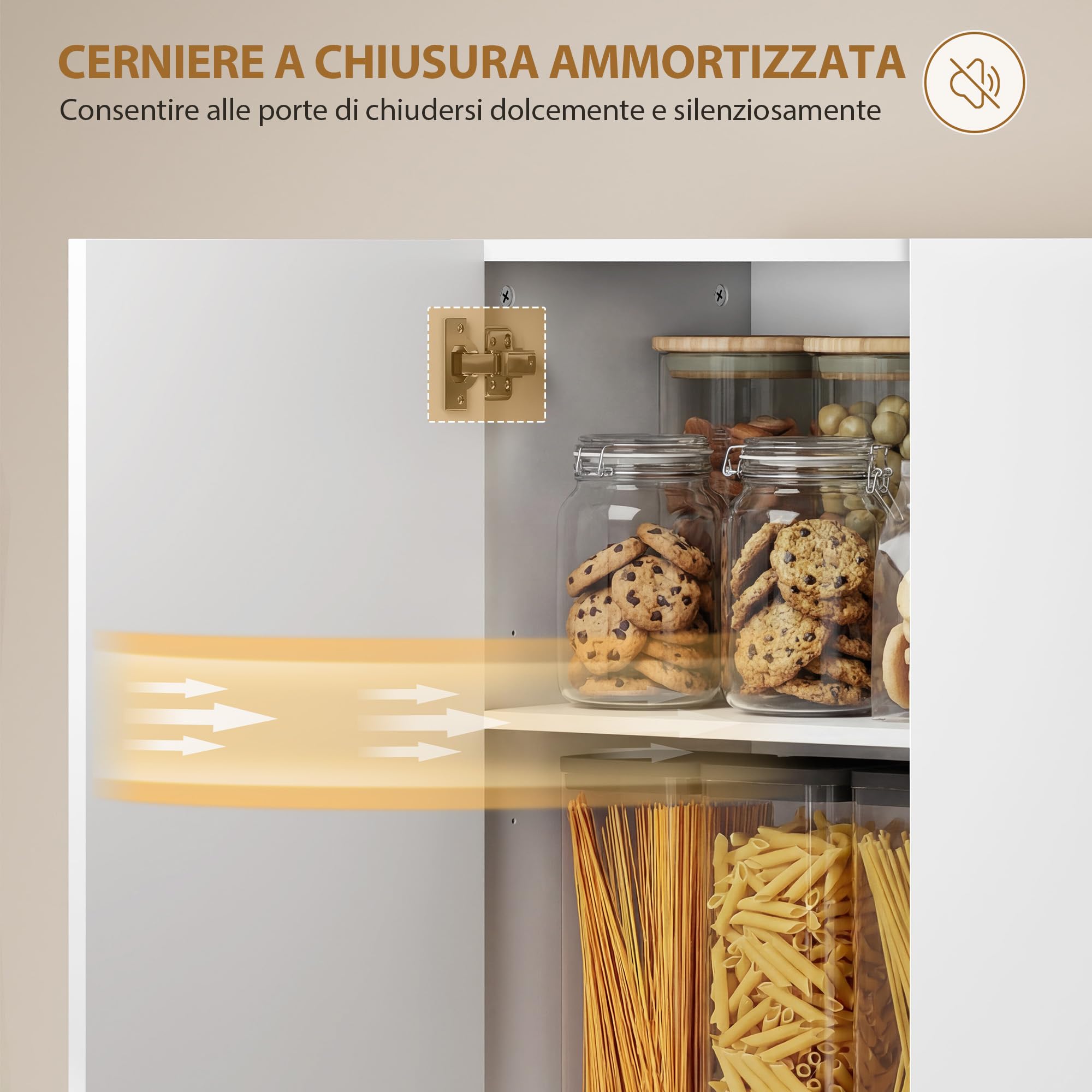 HOMCOM Credenza Cucina Alta 180 cm, Mobile Dispensa con 4 Ante Soft-Close, Ripiani Regolabili, Scomparto Aperto, 2 Armadietti, Mobile Cucina Moderno per Sala da Pranzo Soggiorno, Bianco Lucido