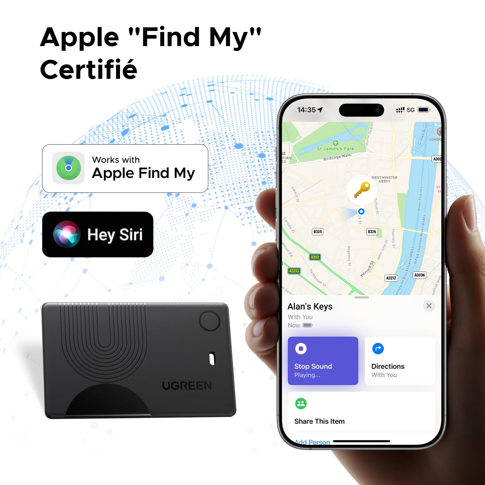 UGREEN FineTrack Slim Traceur Recharge sans Fil Finder Tag Traqueur Bluetooth Compatible avec Apple Find My (iOS Uniquement) Localisateur Objet Étanche IP68 pour Portefeuille Valise