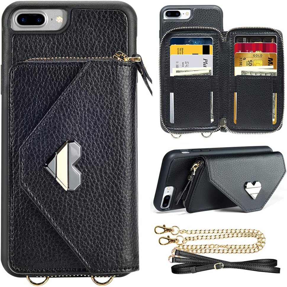 JLFCH iPhone 8 Plus Wallet Case, iPhone 7 Plus Zipper Wallet Case with Card Holder Leather Purse Detachable Wrist Strap Long Crossbody Strap Purse for iPhone 7/8 Plus 5.5 inch - Black