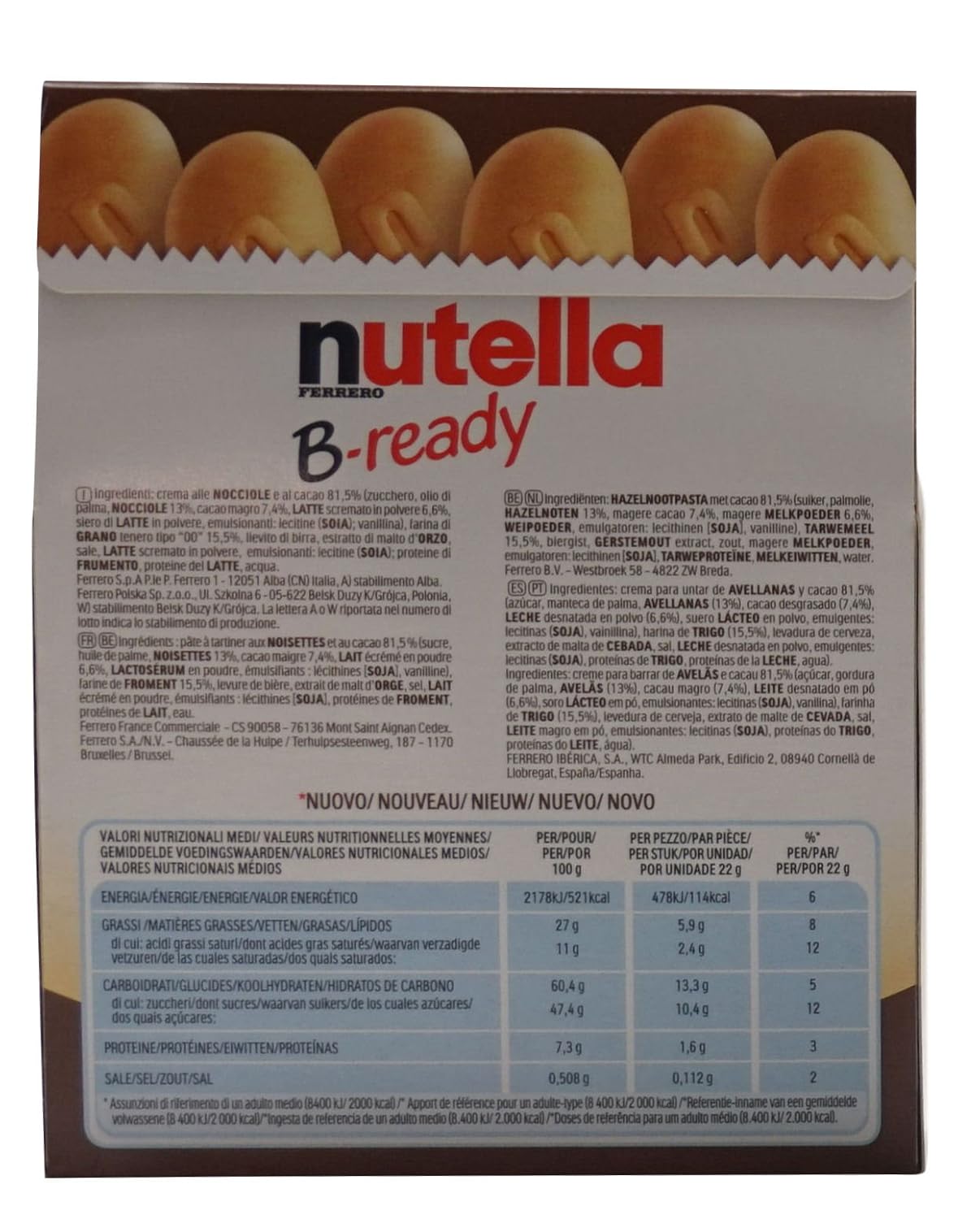 Ferrero: "Nutella B-ready NEW + NUTELLA " a crisp wafer of bread in the form of mini - baguette stuffed with a creamy Nutella 6 pieces 4.6 oz (132g) Pack of 3 [ Italian Import ]