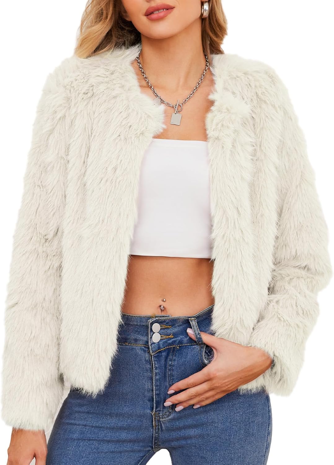 Zando Faux Fur Coats for Women 2026 - Cropped Faux Fur Jacket Women Outwear Long Sleeve Pockets Shaggy Warm Winter Coats