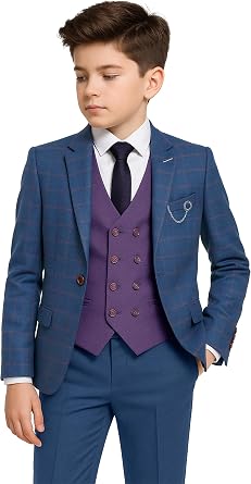 SIRRI Boys Windowpane Check Slim Fit Suit 3 Piece Set Special Occasion Birthday Wedding Dinner Prom Party