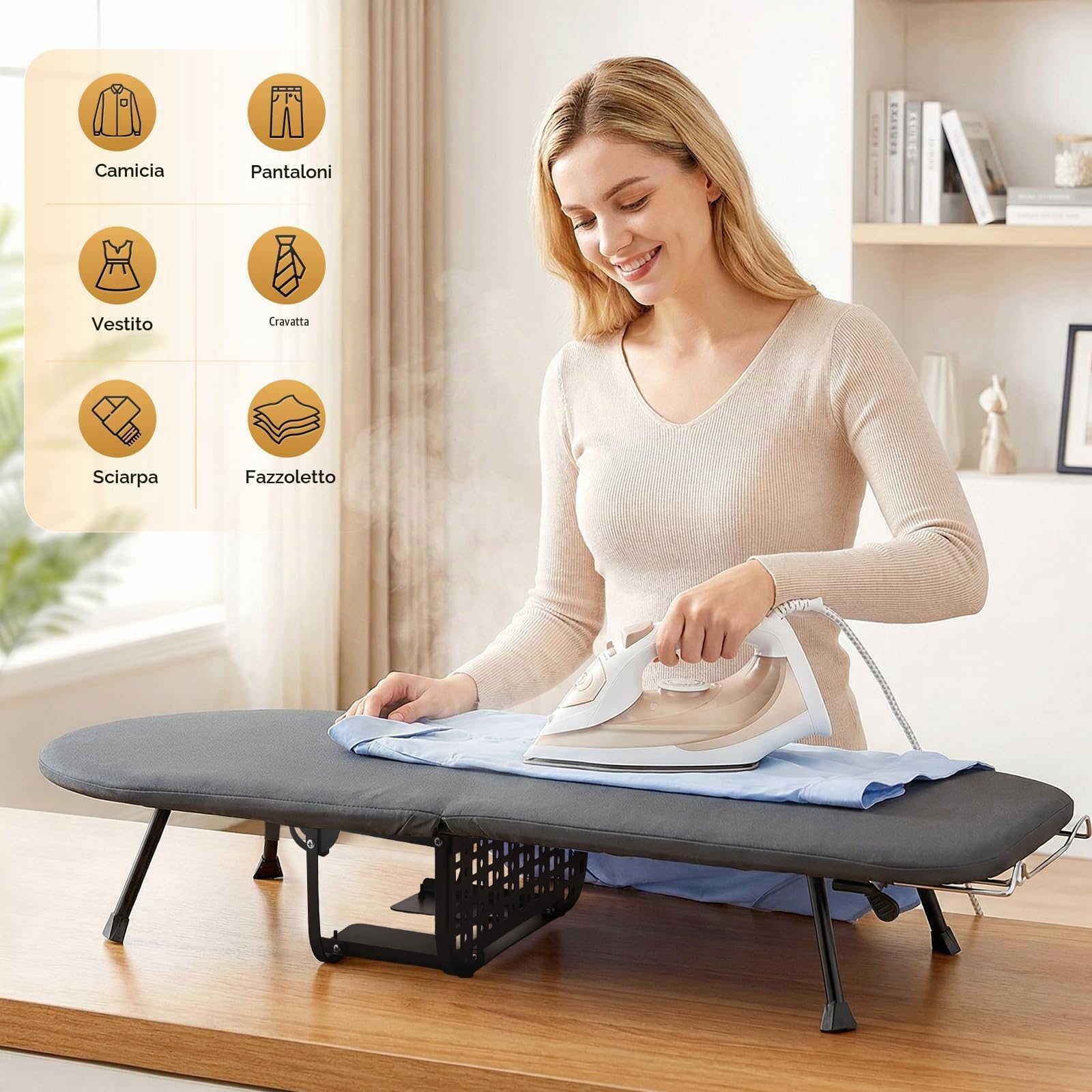 Asse da stiro pieghevole da 81 x 30 cm, compatto e salvaspazio, con struttura in acciaio e rivestimento in cotone, con ripiano da stiro e piedini antiscivolo, ideale per piccoli appartamenti, viaggi e