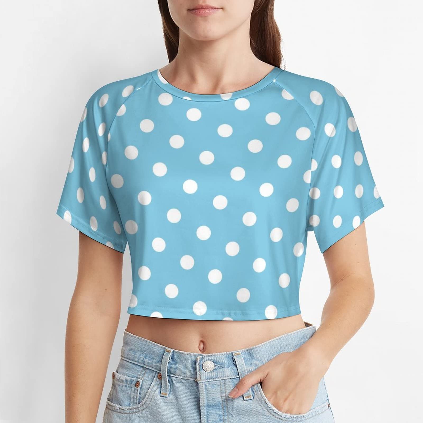 Amazon.co.jp: 半袖 トップス へそ出し 水色 ブルー ドット柄 水玉