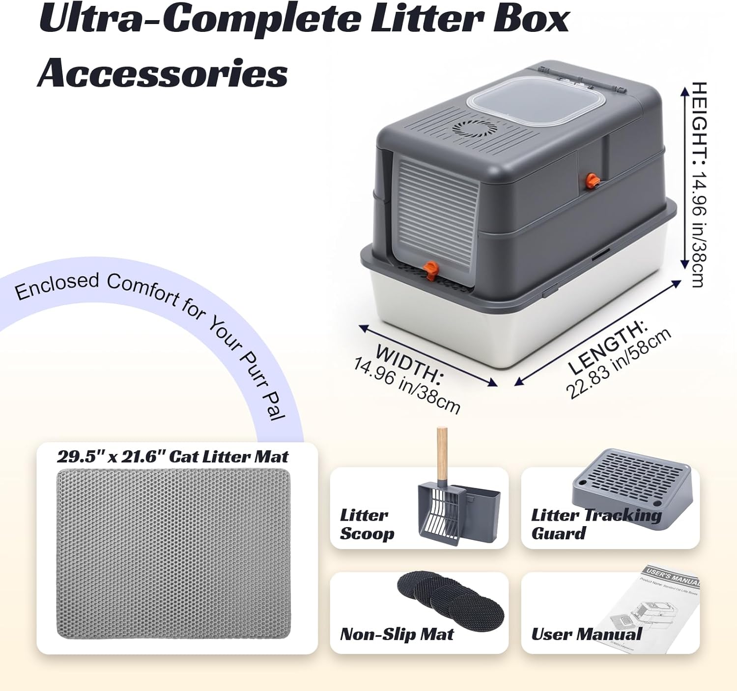 Stainless Steel Litter Box with Lid, Front Entry Top Exit Cat Litter Box, Extra Large High Sided Enclosed Metal Litter Box with Scoop, Pedal & Litter Mat, Grey