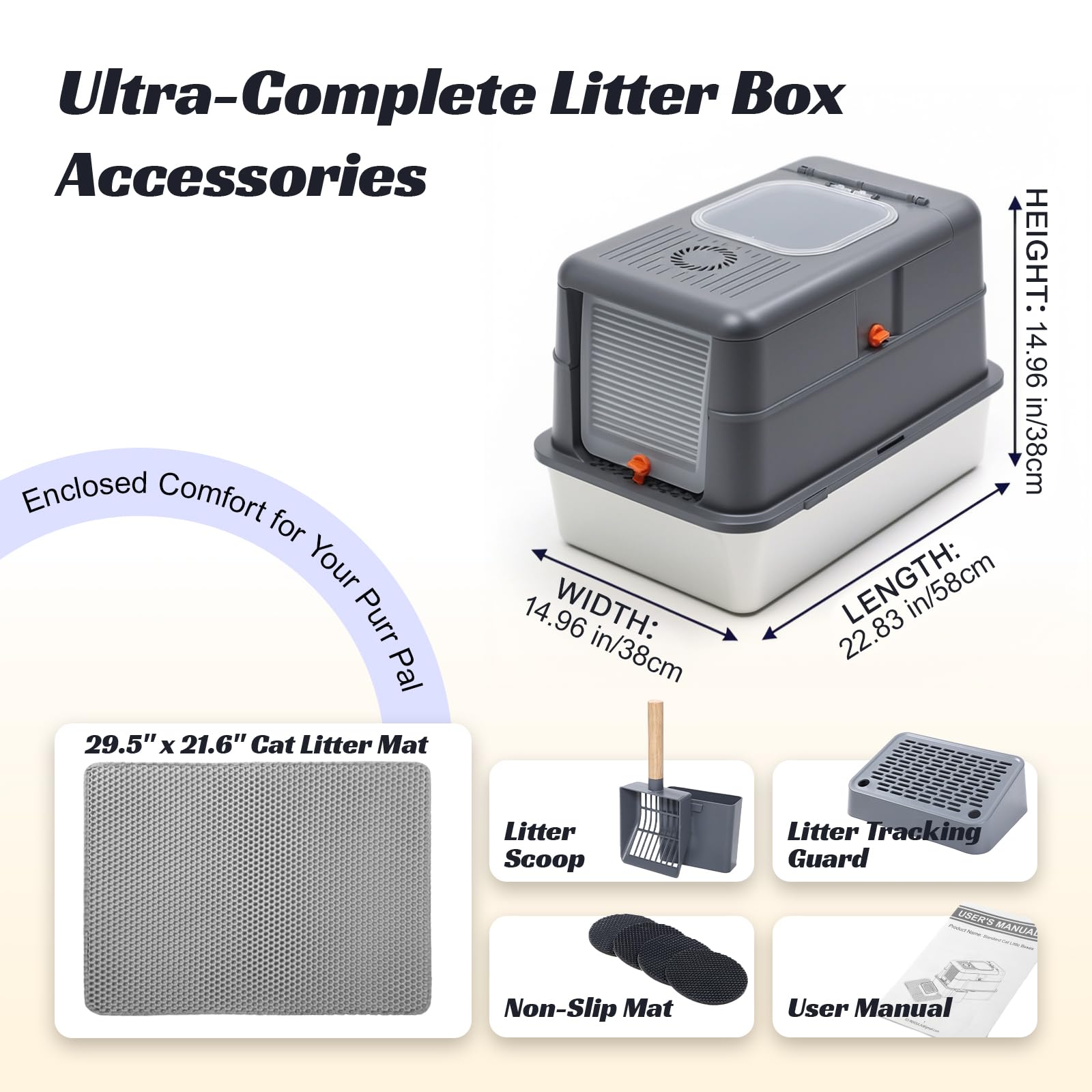 Stainless Steel Litter Box with Lid, Front Entry Top Exit Cat Litter Box, Extra Large High Sided Enclosed Metal Litter Box with Scoop, Pedal & Litter Mat, Grey - image 8