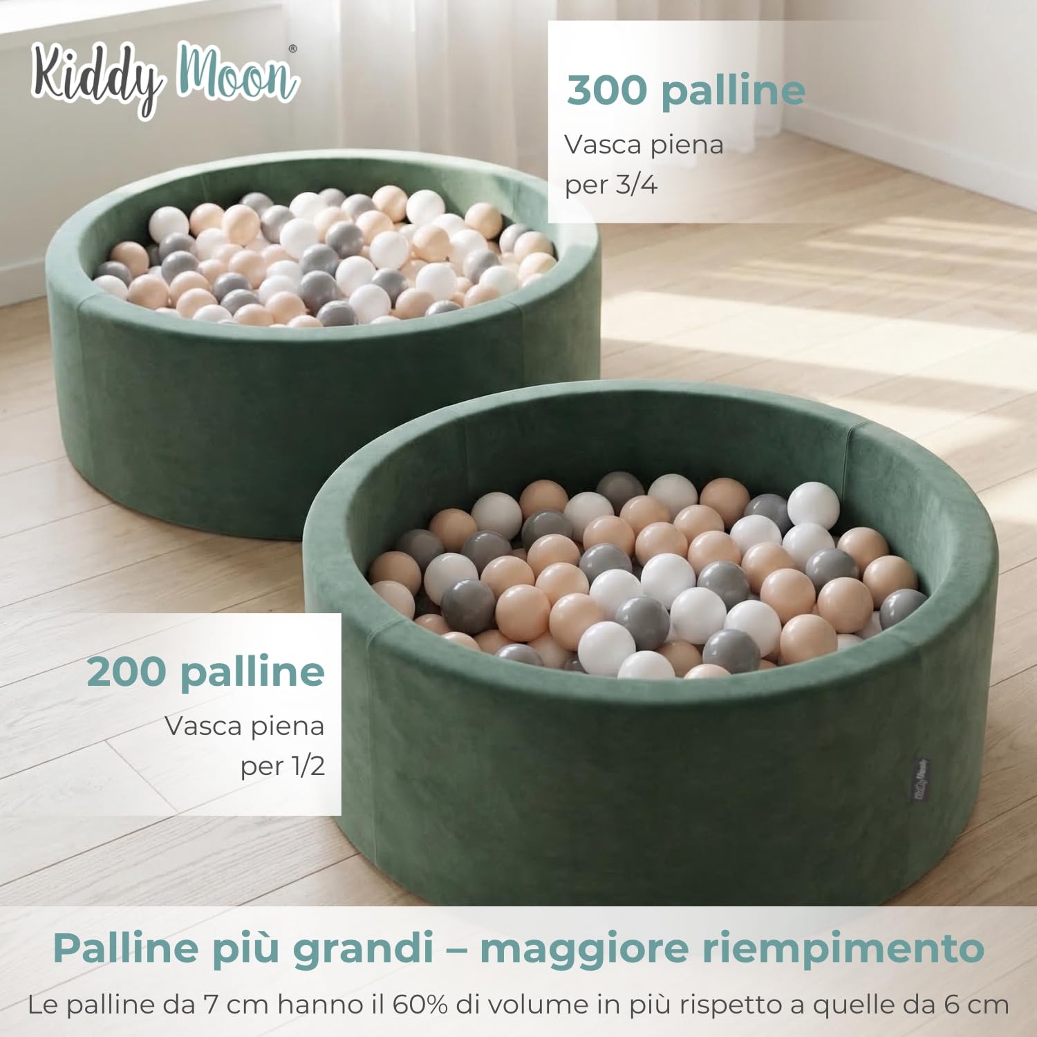 KiddyMoon Velluto Piscina di Palline 90X30cm/300 Palline ∅ 7CM per Bambini Tondo Fabbricato in EU, Velluto Verde: Beige Pastello/Salmone/Bianco
