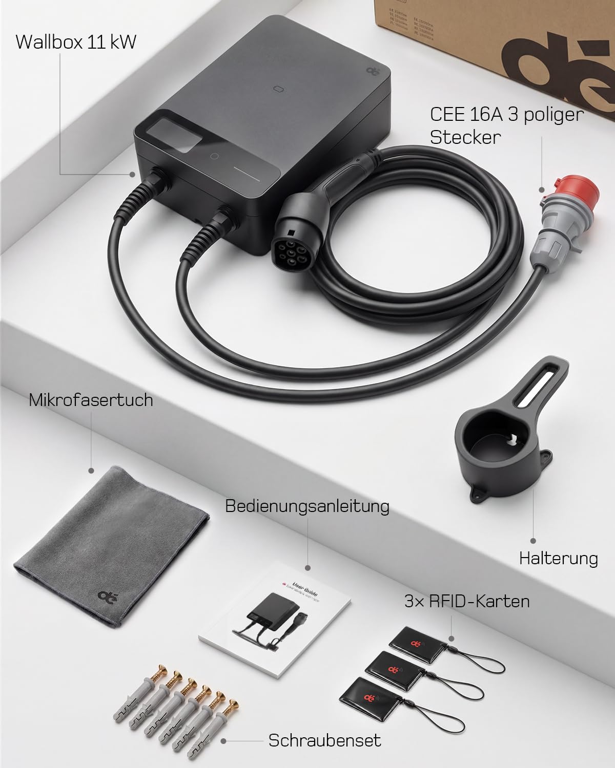 dé Wallbox 11kW mit APP, 7,5m Typ 2 Ladekabel mit Kabelhalter, 3-Phasen EV-Ladegerät (6-16A, 400V), für BEV/PHEV, RCD Type A 30mA AC + 6mA DC & IP54-Schutz, effiziente Ladestation für Zuhause, Schwarz