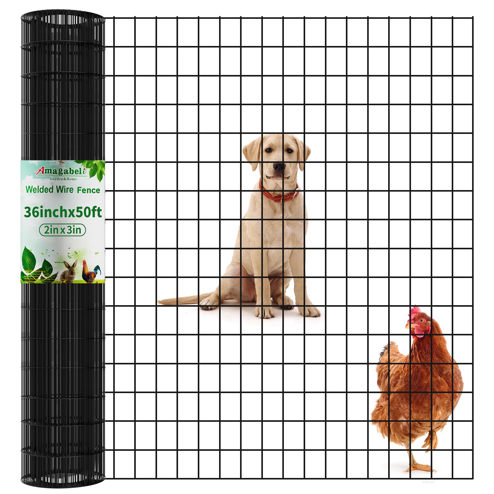 Amagabeli Black Coated Welded Wire Fence 2 inch x 3 inch 36inch x 50ft 16 Gauge Garden Fence Chicken Wire Fencing Roll PVC Vinyl Coating Metal Wire Flower Bed Dog Barrier Plant Poultry Netting Cage