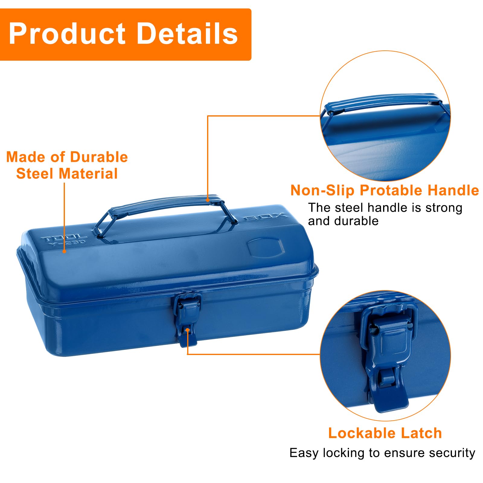 QUARKZMAN Caja De Herramientas Portátil De Acero De 11.4" Estilo Techo Inclinado Con Cierre De Pestillo Metálico Para Hogar Taller Automóvil Azul