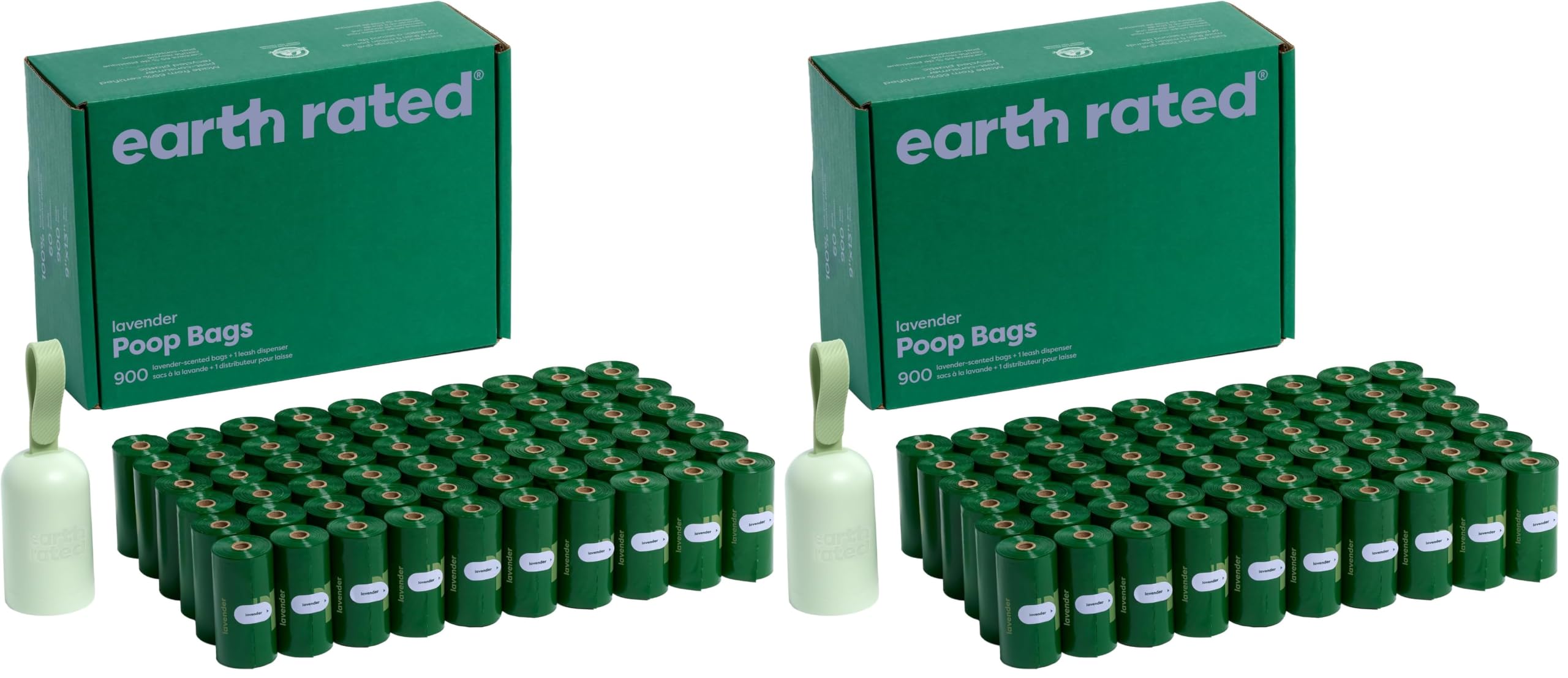 Earth Rated Dog Poop Bag Holder, Durable and Guaranteed Leakproof, Lavender Scented, 1 Dispenser and 900 Bags (Pack of 2)