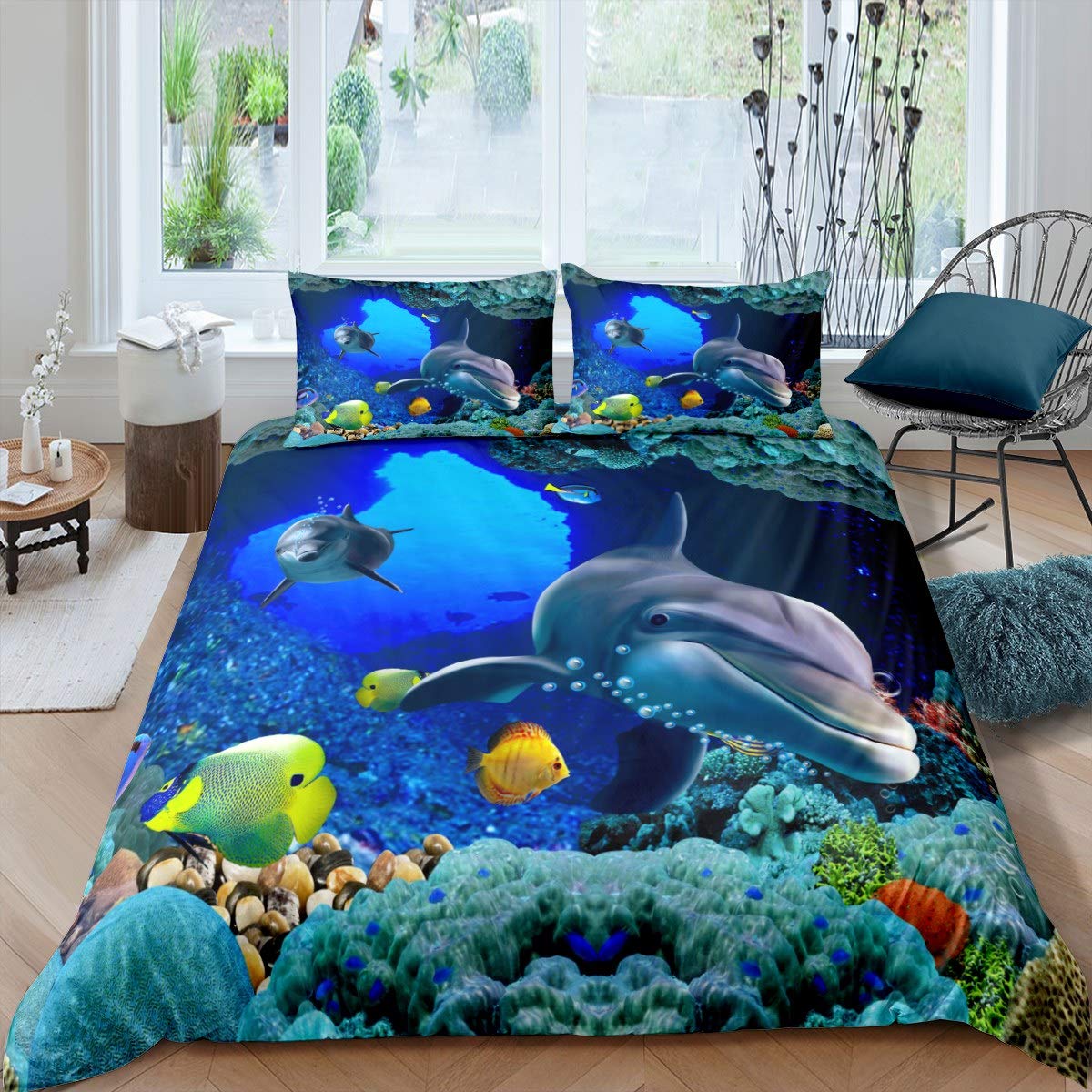 Loussiesd Kids Dolphin Comforter Cover Ocean Marine Themed Bedding Set for Boys Girls Children Sea Underworld Creatures Duvet Cover Hawaiian Sealife Room Decor Double Size Quilt Cover 3Pcs