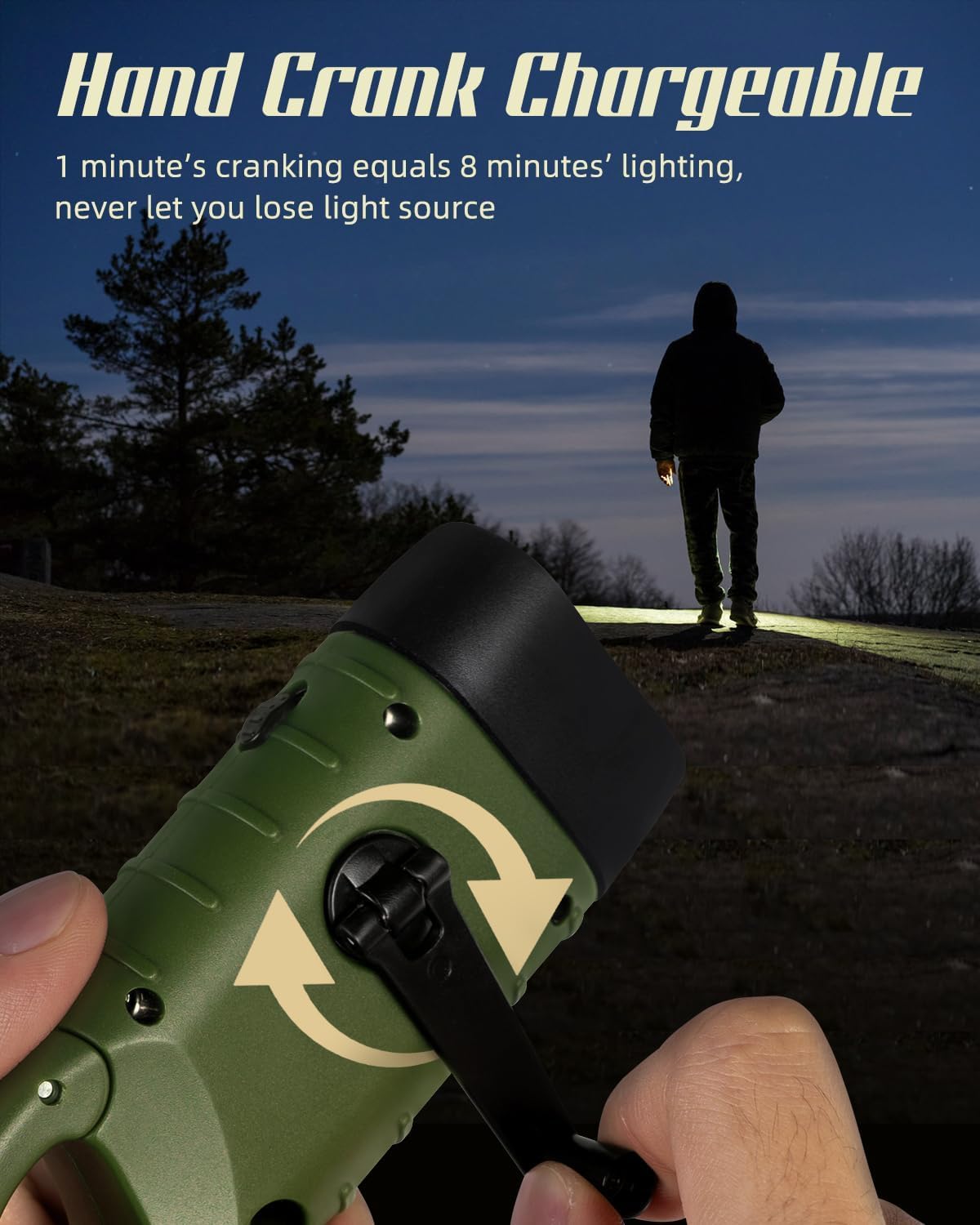 Xiaodib Wind Up Torch, Emergency Hand Crank Solar Powered Flashlight - Image 2