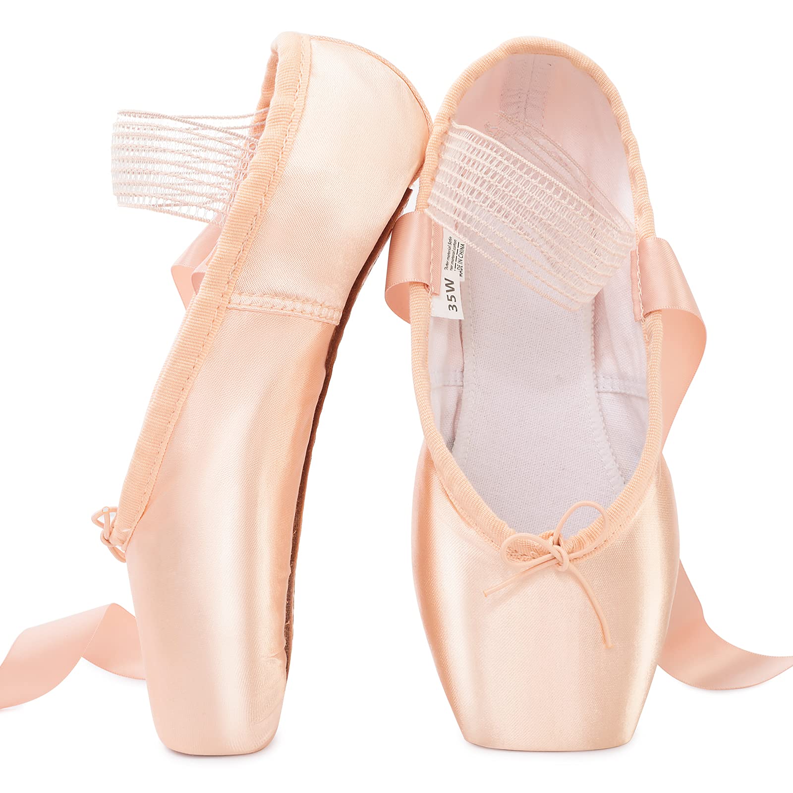 SouditturGirls Women Ballet Pointe Shoes Professional Pink Satin Dance Shoes with Stitched Elastic Straps and Silicone Toe Pads (Please Choose One Size Larger)