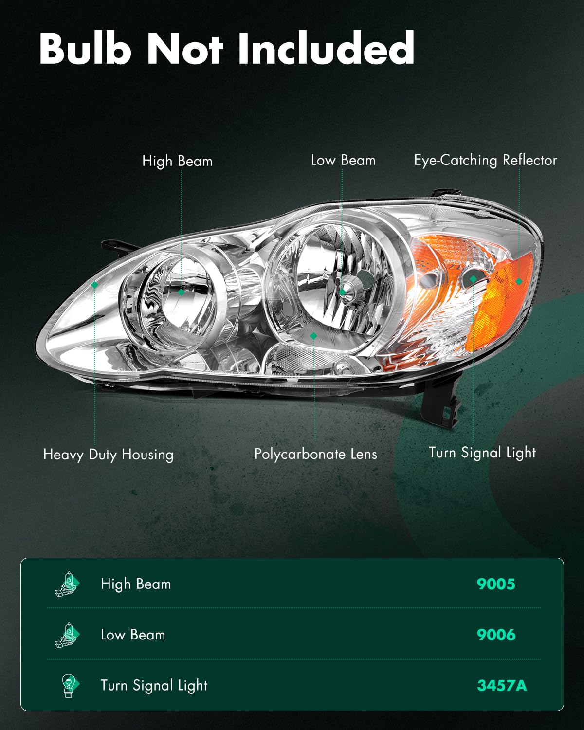 SCITOO Headlight Assembly Fits For Toyota Corolla 2003-2008 headlamp in Chrome Housing Amber Reflector Clear Lens — view 2