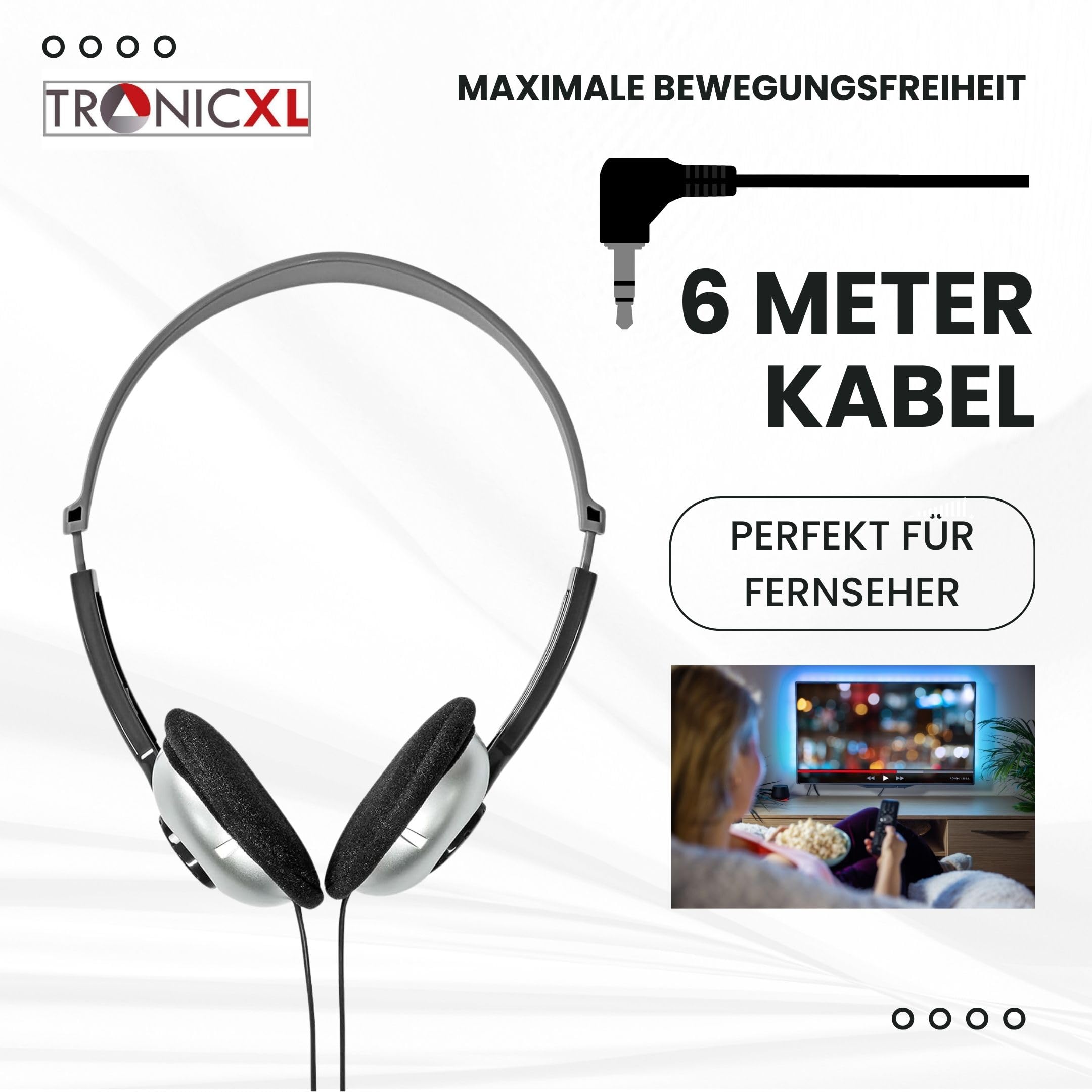 TronicXL Fernseh Kopfhörer 6m langes Kabel Kopfbügel kompatibel mit für Fernseher Samsung LG Sony Toshiba DYON JVC Philips Apple iPad iMac Computer etc Stereokopfhörer Headphones Klinkenstecker