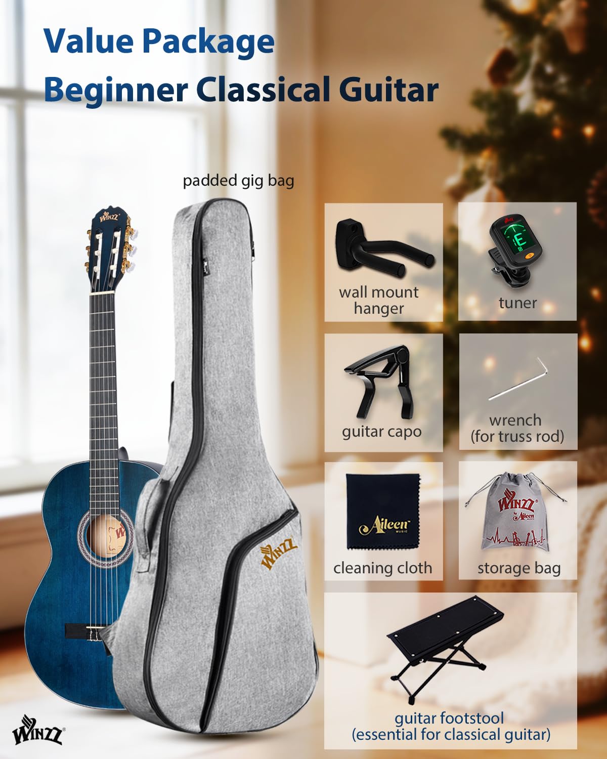 Winzz Gitara koncertowa 4/4 dla dorosłych, gitara klasyczna dla początkujących, 39 cali (niebieska vintage)